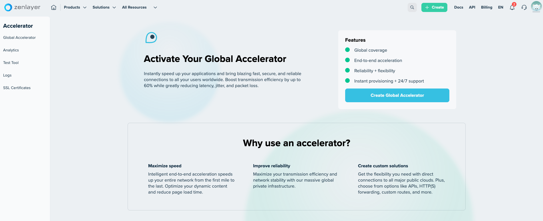 global accelerator dashboard on zenConsole, screenshot